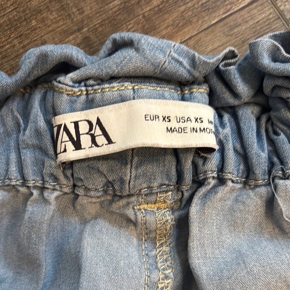 Zara Women’s Size XS‎ Blue Wide Leg Mid Calf Chambray Pants Tie Waist - Picture 10 of 12